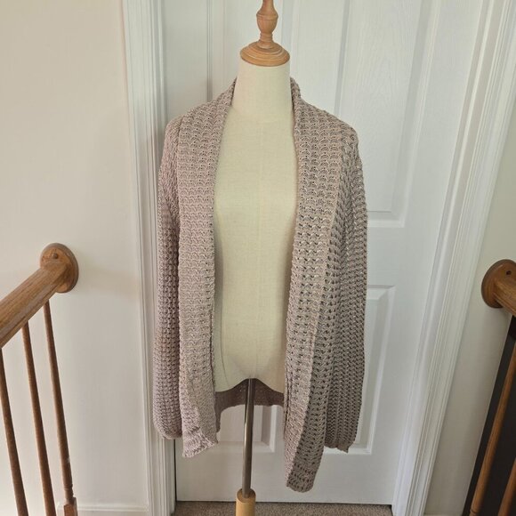 INC Tan Beige Open Front Sheen Thread Long Sleeve Knit Cardigan Plus Sz 3X - Picture 1 of 12